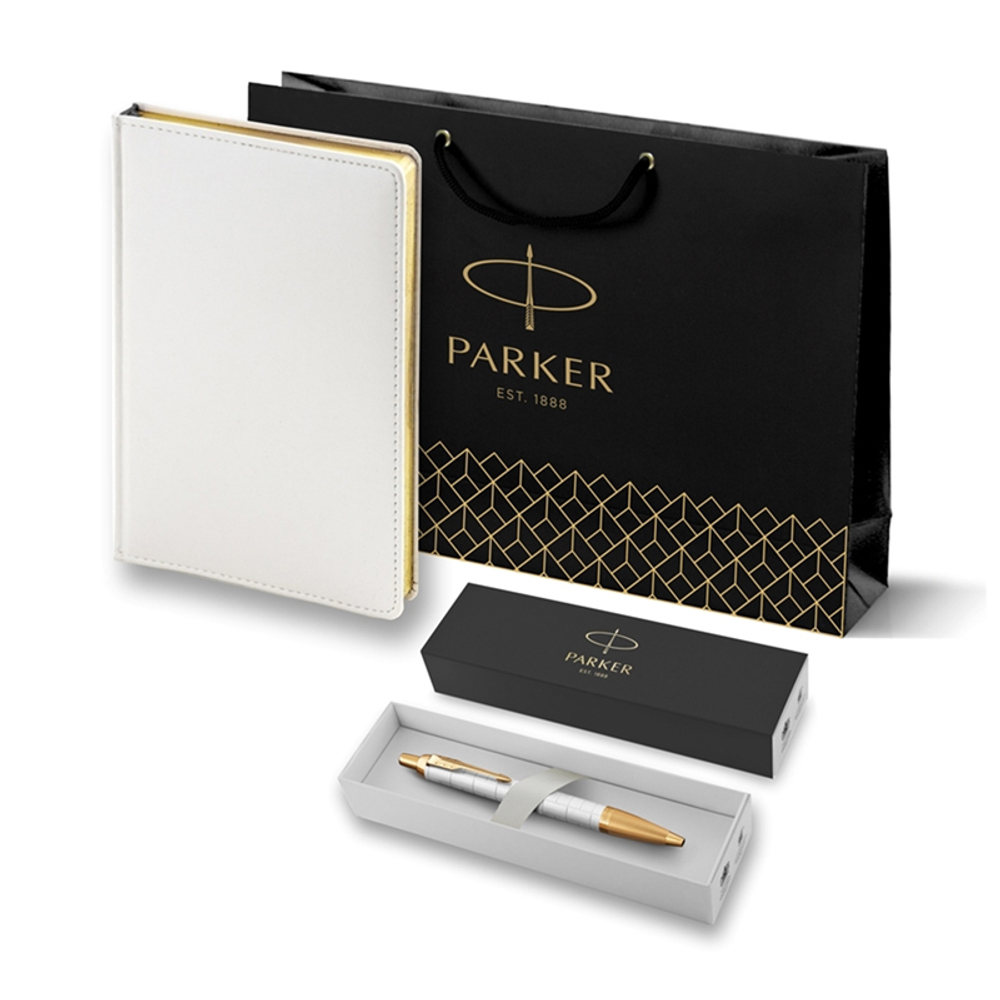 Подарочный набор: Ручка шариковая Parker IM Premium K318 Pearl GT, цвет чернил синий и белый недатированный ежедневник с золотым срезом