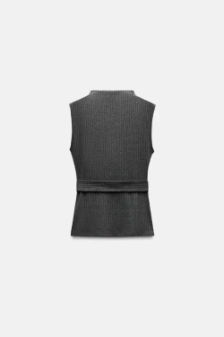 ZARA ТОП В РУБЧИК С ПОЯСОМ, СЕРЫЙ С МЕЛАНЖЕВЫМ ЭФФЕКТОМ
