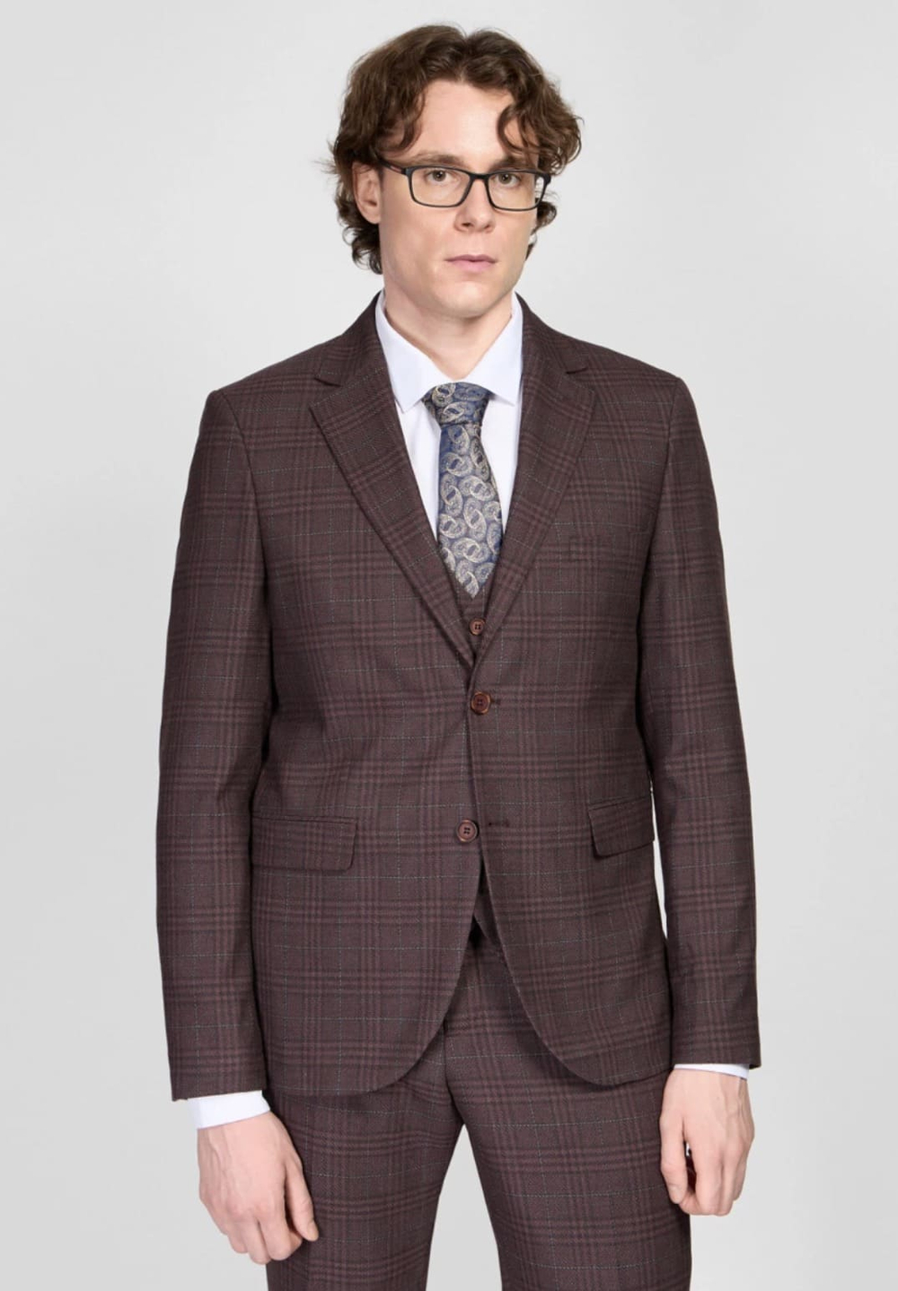 Мужской классический костюм в клетку (бордовый) В66