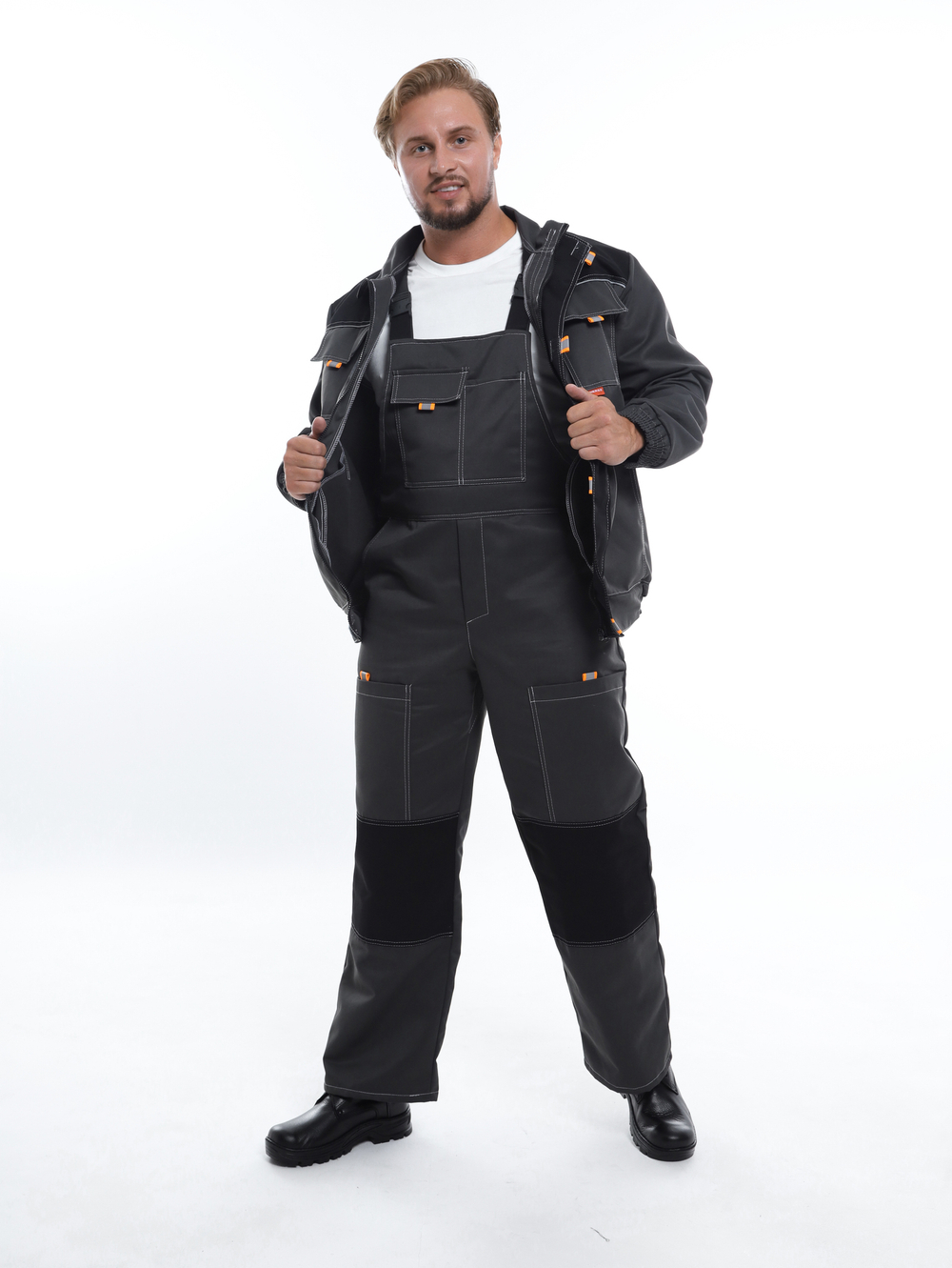 Костюм Nerss «МАНХЕТТЕН», куртка + полукомбинезон. Черный с серым.