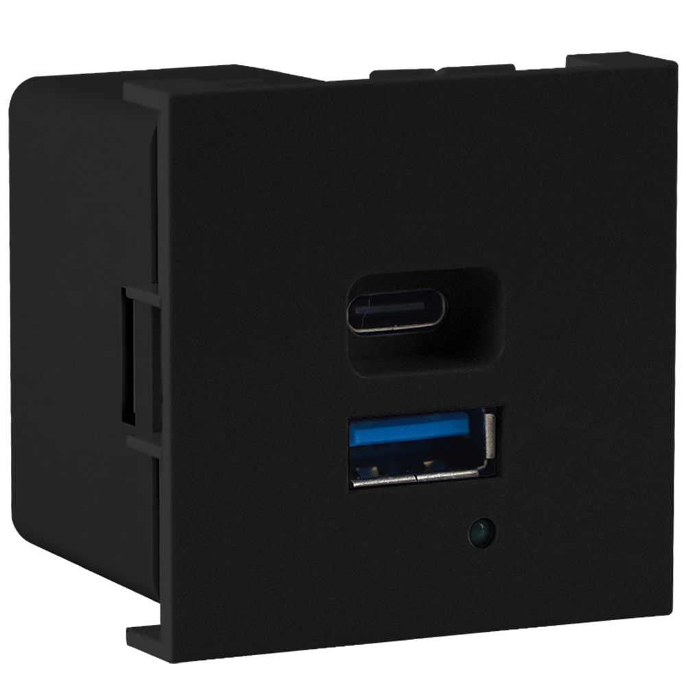 USB зарядное устройство,  3A ,  65W,  Type A + C,  2 мод.,  черн. матовая (45х45мм)