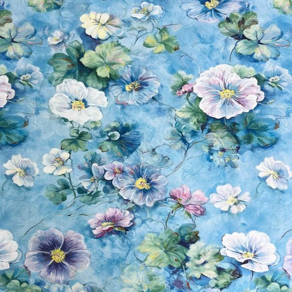 В ПУТИ, АКВАРЕЛЬНЫЕ ФИАЛКИ НА ГОЛУБОМ ФОНЕ - 100% ХЛОПОК 1