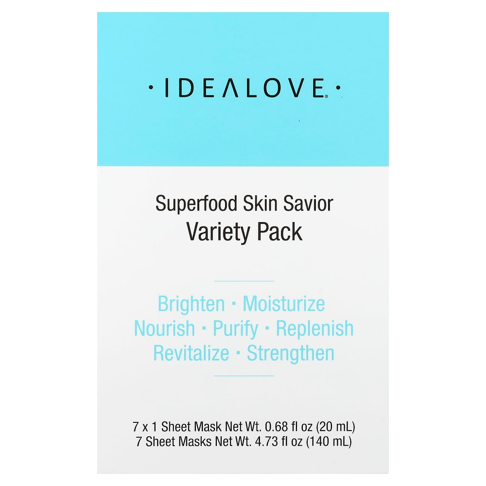 Idealove, Superfood Skin Savior, набор разных масок с суперфудами, 7 тканевых масок по 20 мл (0,68 жидк. унции)