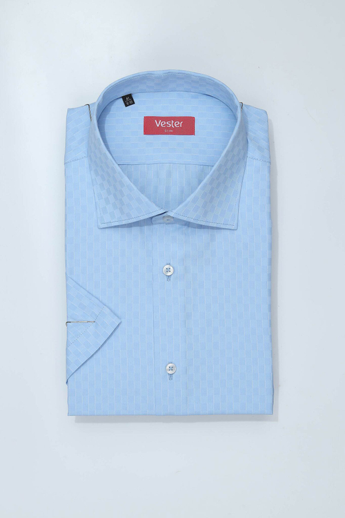 Сорочка мужская VESTER короткий рукав, голубая с переплетением прямоугольник 72914 45