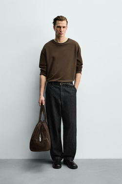 ZARA ФУТБОЛКА С ДВОЙНЫМИ КОНТРАСТНЫМИ ДЕТАЛЯМИ, КОРИЧНЕВЫЙ