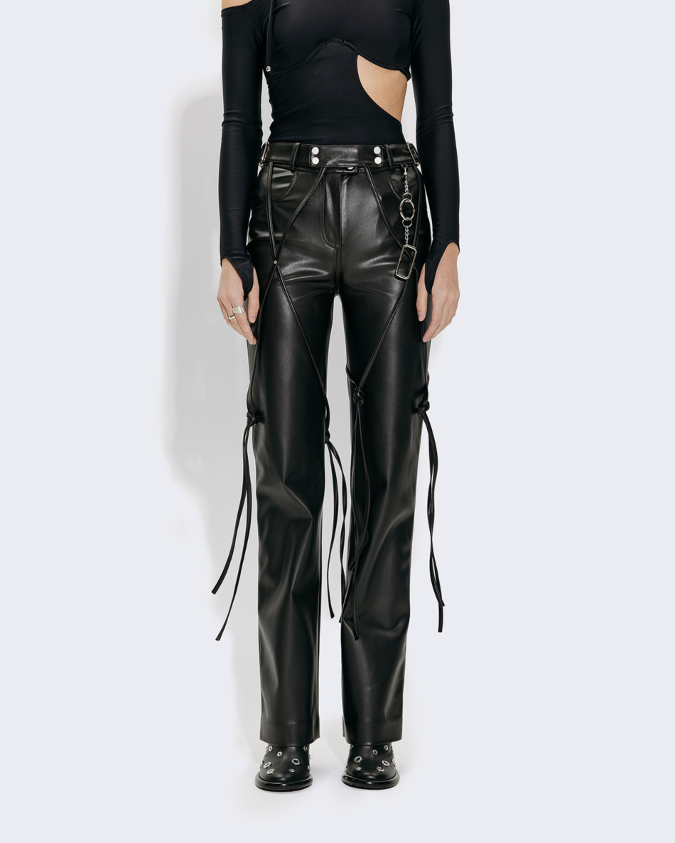 BLACK V-LEATHER TROUSERS WITH STRAPS