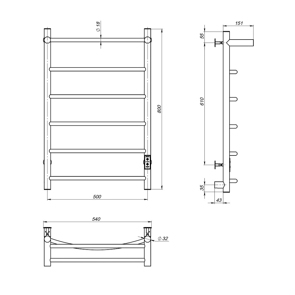 Полотенцесушитель электрический ЛЦ 80х50 7 перекл ДУГА ПОЛКА унив (скрыт подкл,таймер,342 Вт) ТРУГОР