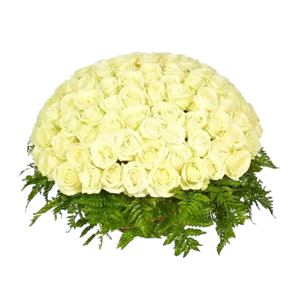 Траурная корзина из живых цветов. 100 белых роз и папоротник