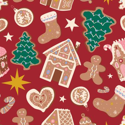 Новогодние пряничные домики, печенье и золотые звезды на красном фоне. Пряничный человечек, елки и игрушки. Рождество