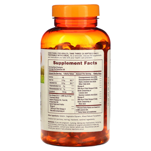 Sundown Naturals, омега 3-6-9, масла льна и бурачника и рыбий жир, 200 мягких таблеток