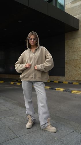 Бежевый худи на молнии с капюшоном