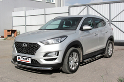 Пороги из нержавейки Hyundai Tucson Turbo (2018-2021) d76 с проступями (черный цвет)