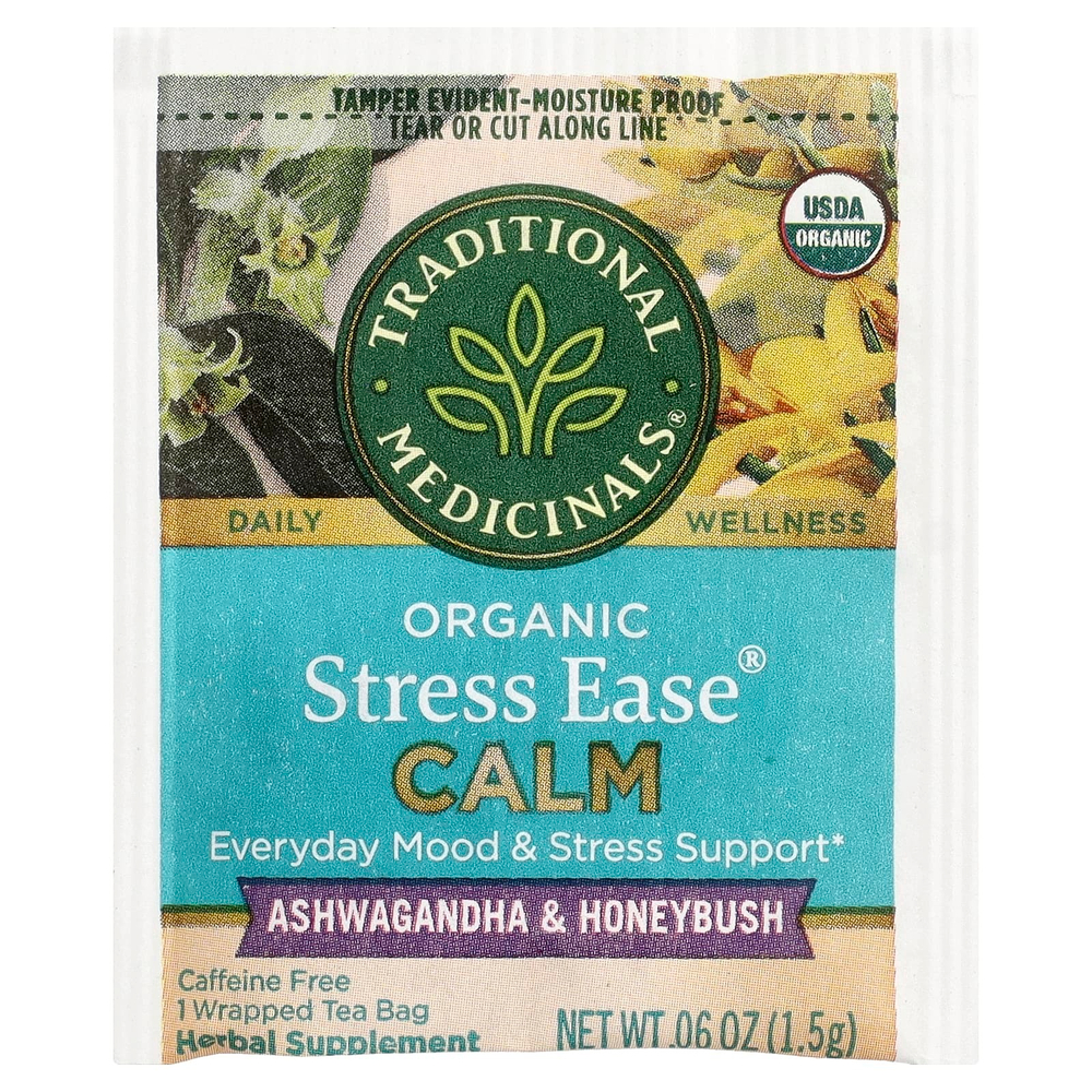 Traditional Medicinals, Organic Stress Ease® Calm, ашваганда и ханибуш, без кофеина, 16 чайных пакетиков в упаковке, 24 г (0,85 унции)