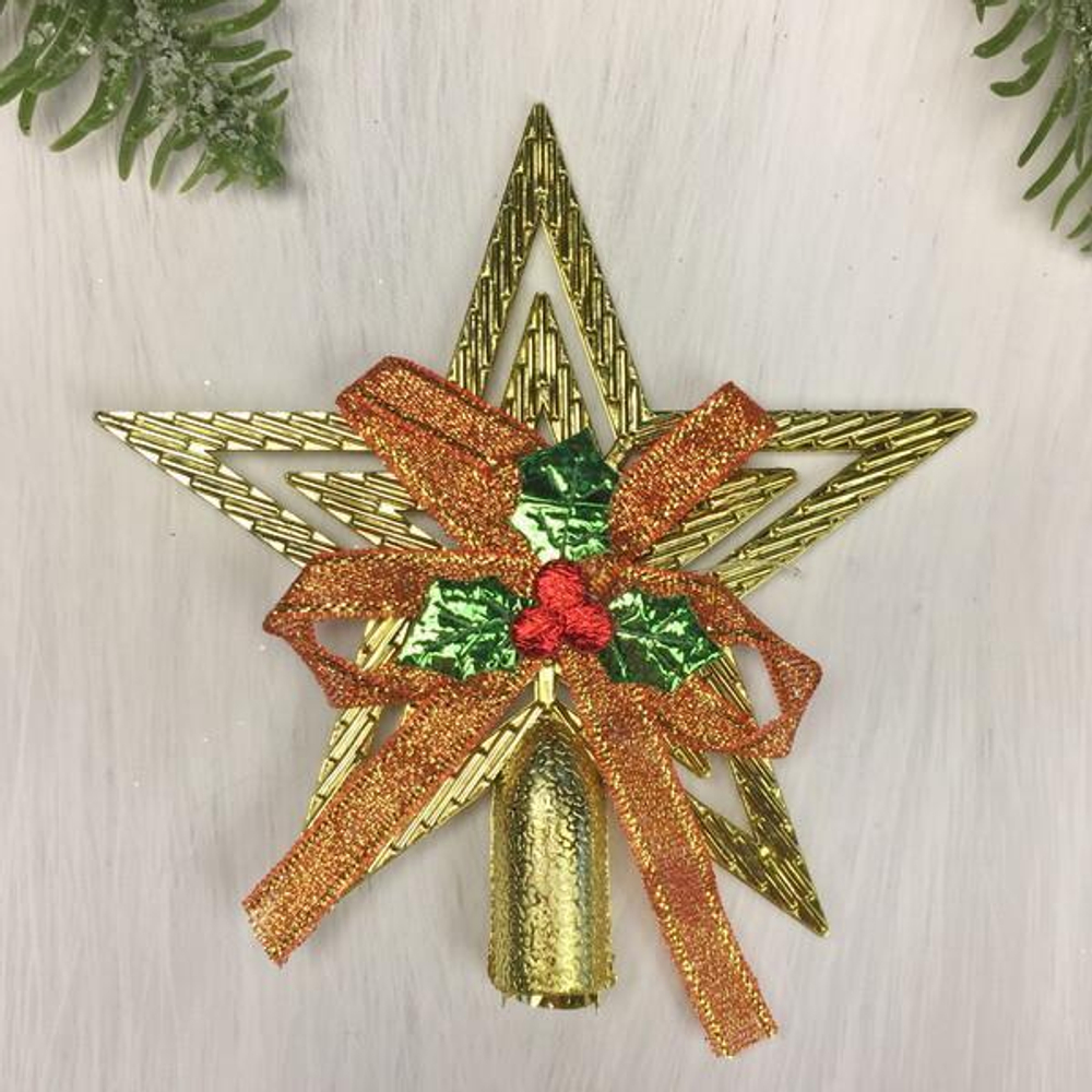 Звезда на ёлку "Классика" с бантом 9,5 см, Золото (Серпантин)