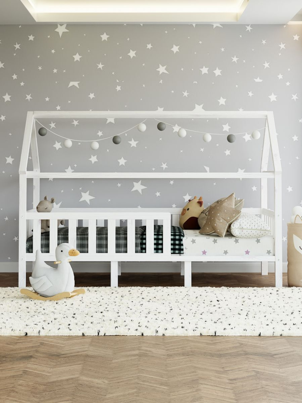 Одноярусная кровать Домик из массива сосны в белом цвете