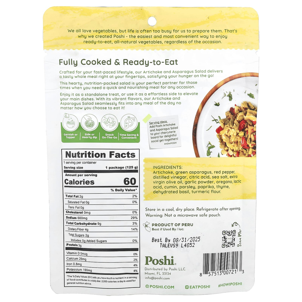 Poshi, Easy Chef, салат из артишока и спаржи, 125 г (4,4 унции)