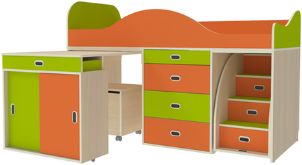 Кровать-чердак КарИВи Малыш Люкс  Дуб Молочный Лайм, Оранжевый