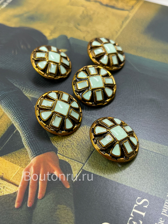 Пуговицы с квадратными деталями бронзовый металл с эмалью оттенка тиффани (голубые)