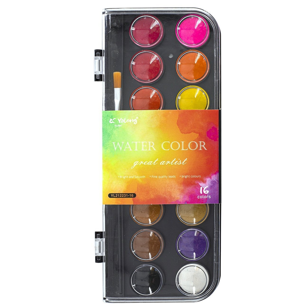 Акварель Yalong меловая, 16 цветов, неоновая, с кистью, пластиковая упаковка, "Color"