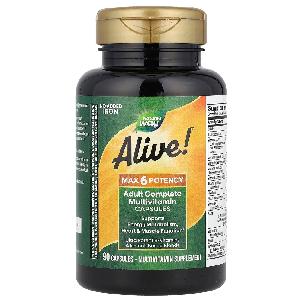 Nature's Way, Alive! Max6 Potency, мультивитамины повышенной эффективности, без добавления железа, 90 капсул