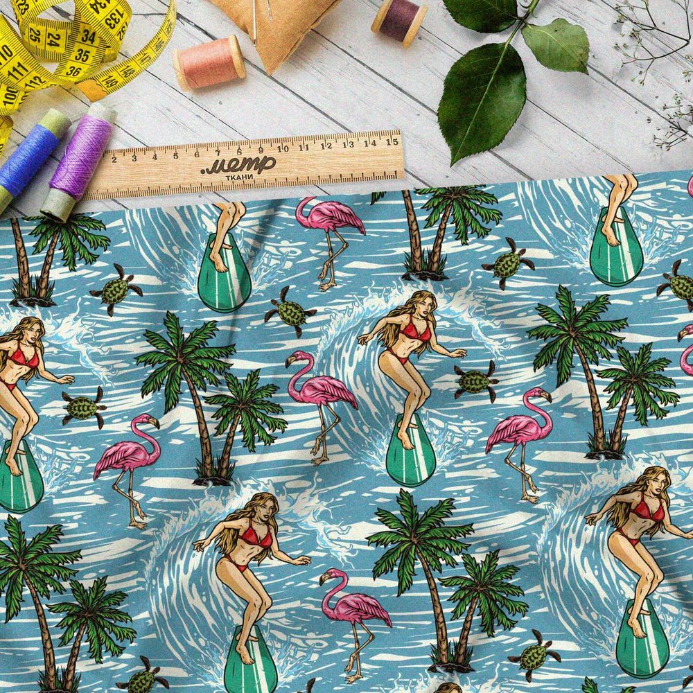 Ткань футер 2-х нитка сёрфинг, пальмы, черепахи и фламинго