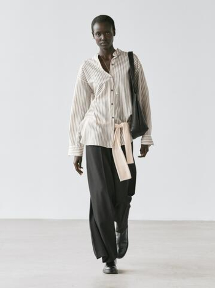 Massimo Dutti Рубашка свободного кроя в полоску с воротником-стойкой, белый