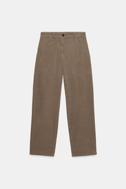 ZARA ВЕЛЬВЕТОВЫЕ БРЮКИ ПРЯМОГО КРОЯ С КАРМАНАМИ — ZW COLLECTION, СЕРО-КОРИЧНЕВЫЙ