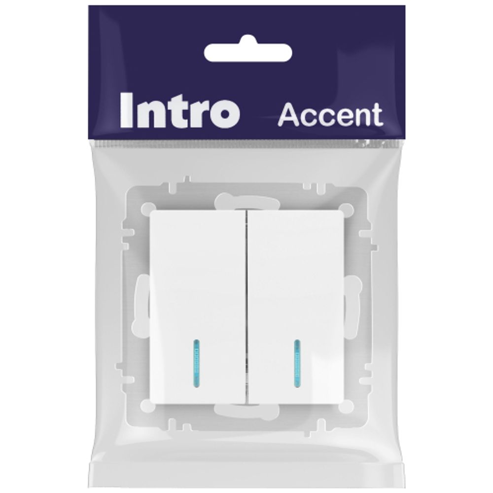 Выключатель Intro Accent 6-105-01М двойной с подсветкой, 10А-250В, IP20, СУ, AL/CU, белый матовый