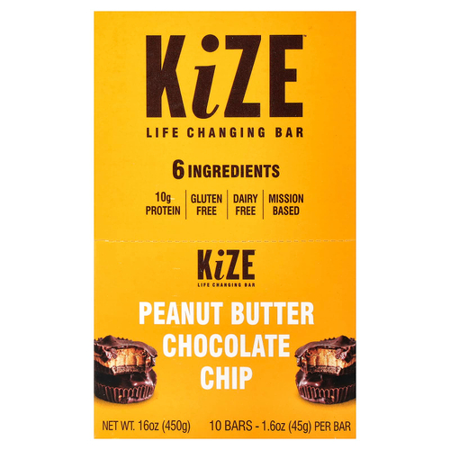 KiZE Life Changing Bar, арахисовая паста и шоколадная крошка, 10 батончиков по 45 г (1,6 унции)