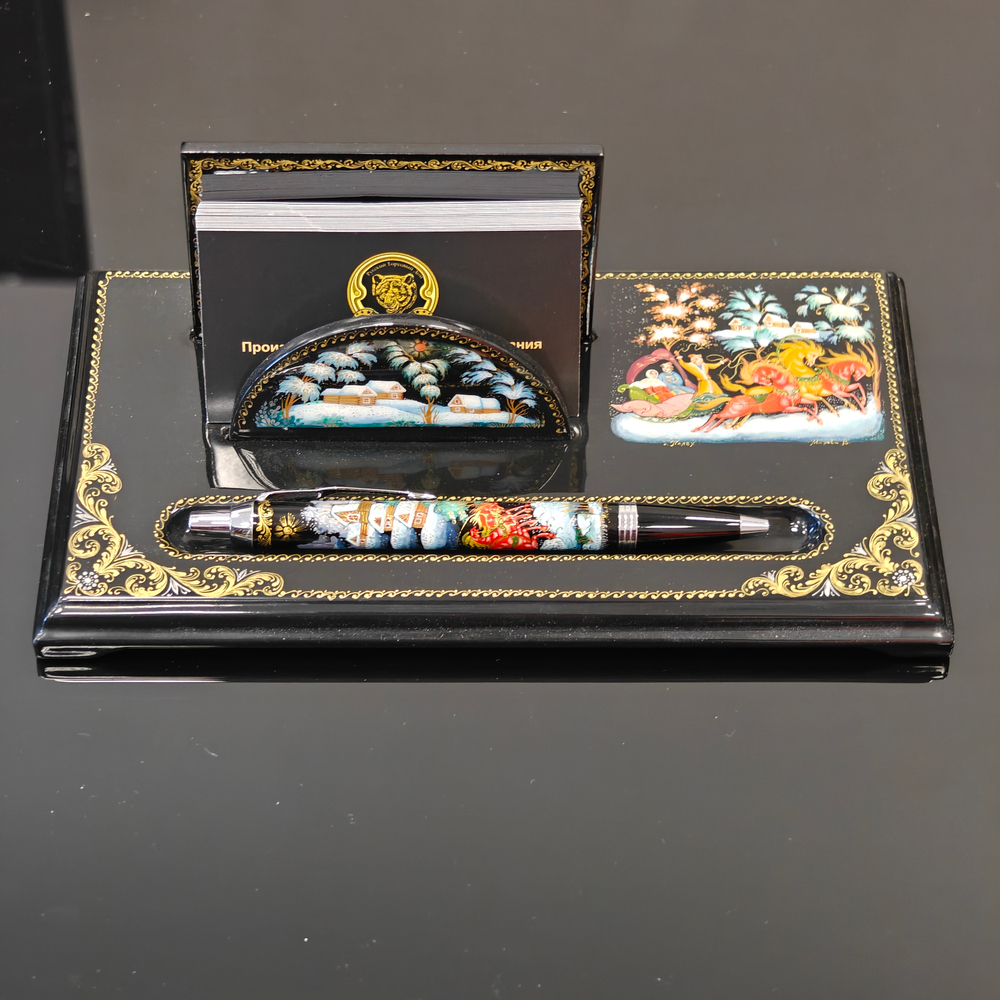 Набор письменный настольный с ручной росписью Палех "Тройка"