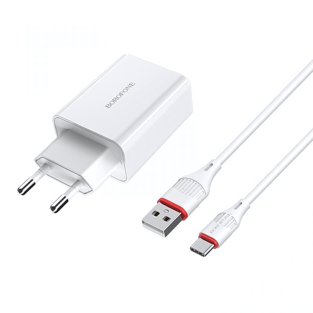 Зарядное устройство Borofone BA21A 18W QC3.0 3A USB + кабель Type-C White