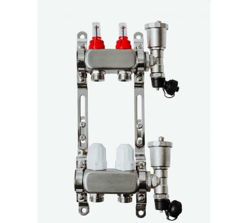 Коллекторная группа Grosseto с расходомерами 1"x¾" 2 выхода, нержавеющая сталь 10 бар универсальный кронштейн, автоматический воздухоотводчик