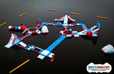 Большой надувной аквапарк на воде «Капитанский мостик» 30×25×6 м