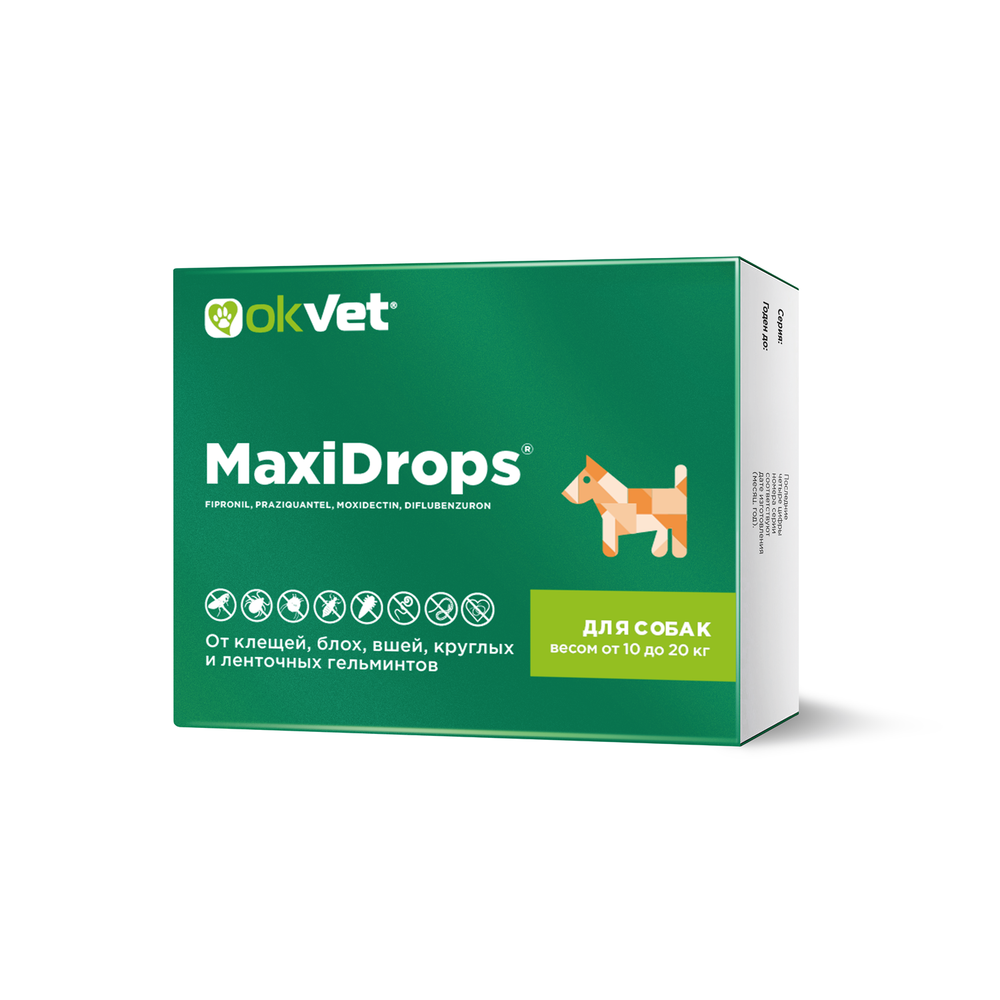 OKVET MAXIDROPS Капли от блох, клещей и гельминтов для собак массой от 10 до 20 кг
