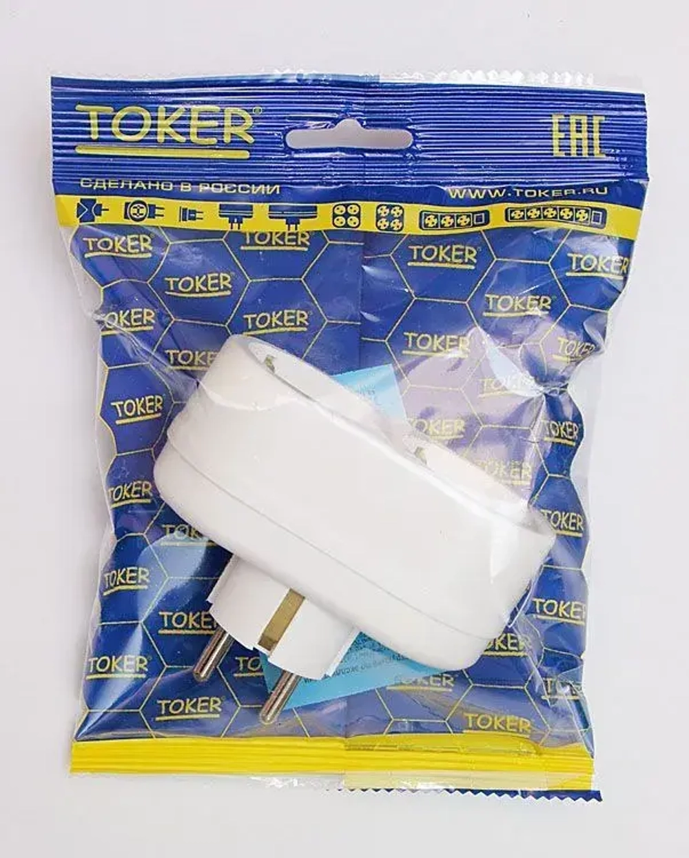 Двойник разветвитель сетевой TOKER 2T2 (с заземлением) белый индивидуальная упаковка