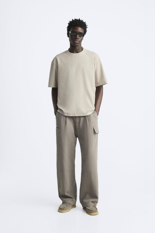 ZARA ФУТБОЛКА ИЗ ТРИКОТАЖА HEAVY WEIGHT С ДЕКОРАТИВНЫМИ ШВАМИ, ПЕСОЧНЫЙ