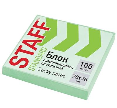 Блок самоклеящийся 76х76мм. 100л. "Standard" пастельный, зеленый (STAFF)