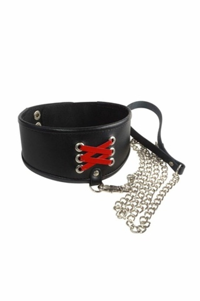 Широкий ошейник с декоративной шнуровкой и поводком (Цвет: черный с красным)
