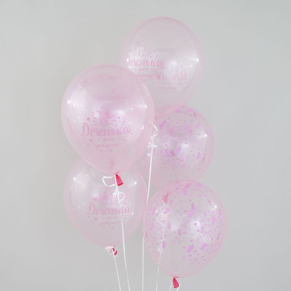 Шар (12''/30 см) Доченька, С Днем Рождения!, Хрустальные короны, Розовый, кристалл, 5 ст, 25 шт.