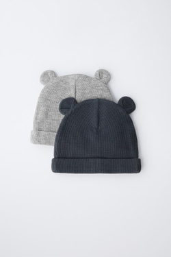 ZARA НАБОР ИЗ ДВУХ ШАПОК WAFFLE С УШКАМИ, СЕРЫЙ/СИНИЙ