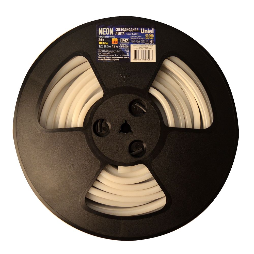ULS-N11-2835-120LED-m-8mm-IP67-DC24V-10W-m-15M-4000K Светодиодная гибкая герметичная лента. NEON. Катушка 15м. в герметичной упаковке. Белый свет 4000К. ТМ Uniel