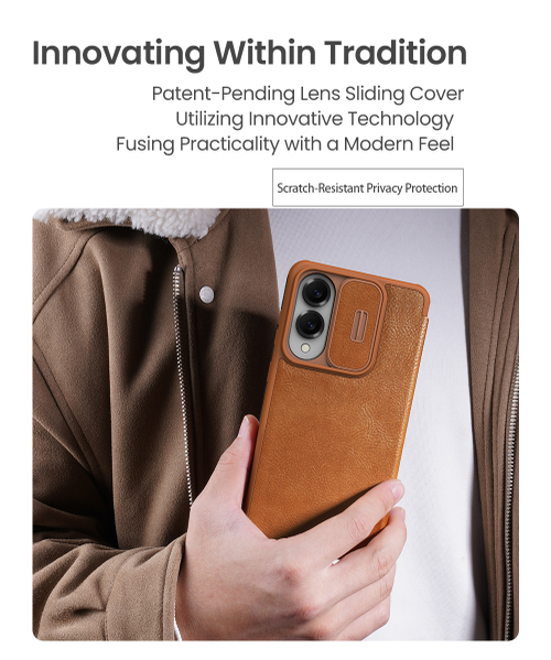 Кожаный чехол книжка коричневого цвета от Nillkin для смартфона Samsung Galaxy S25 Edge, серия Qin Pro Leather с сдвижной защитной шторкой для камеры