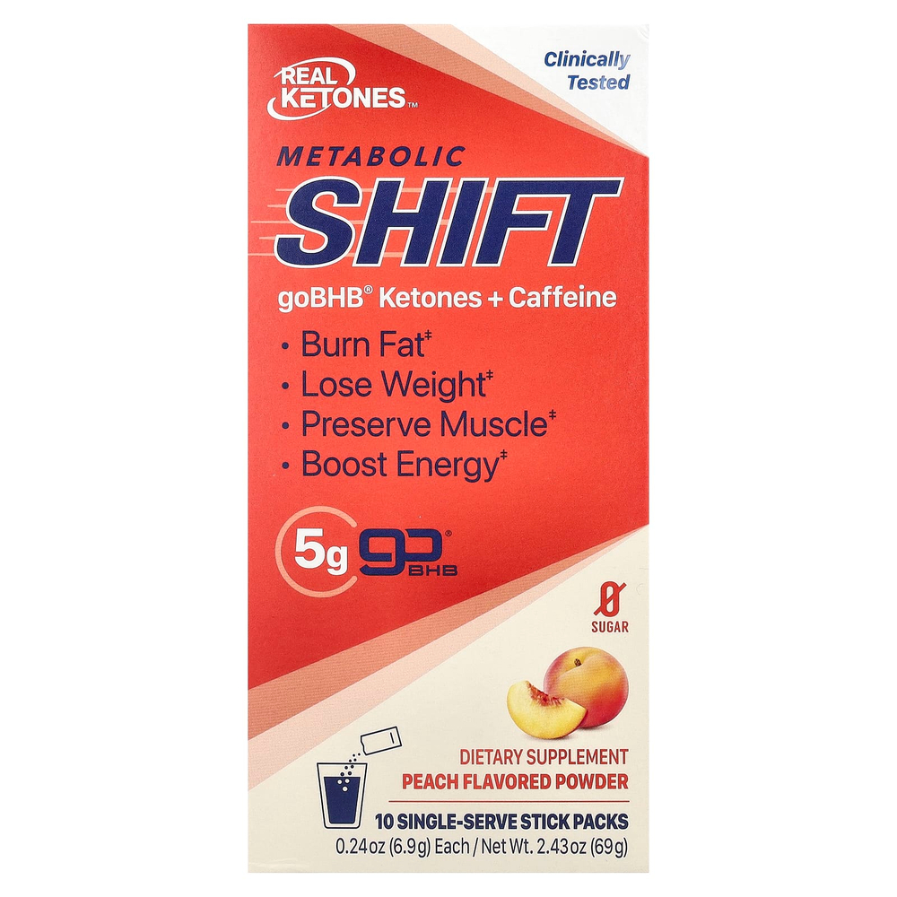 Real Ketones, Metabolic Shift, персик, 10 пакетиков в стиках на одну порцию, по 6,9 г (0,24 унции)