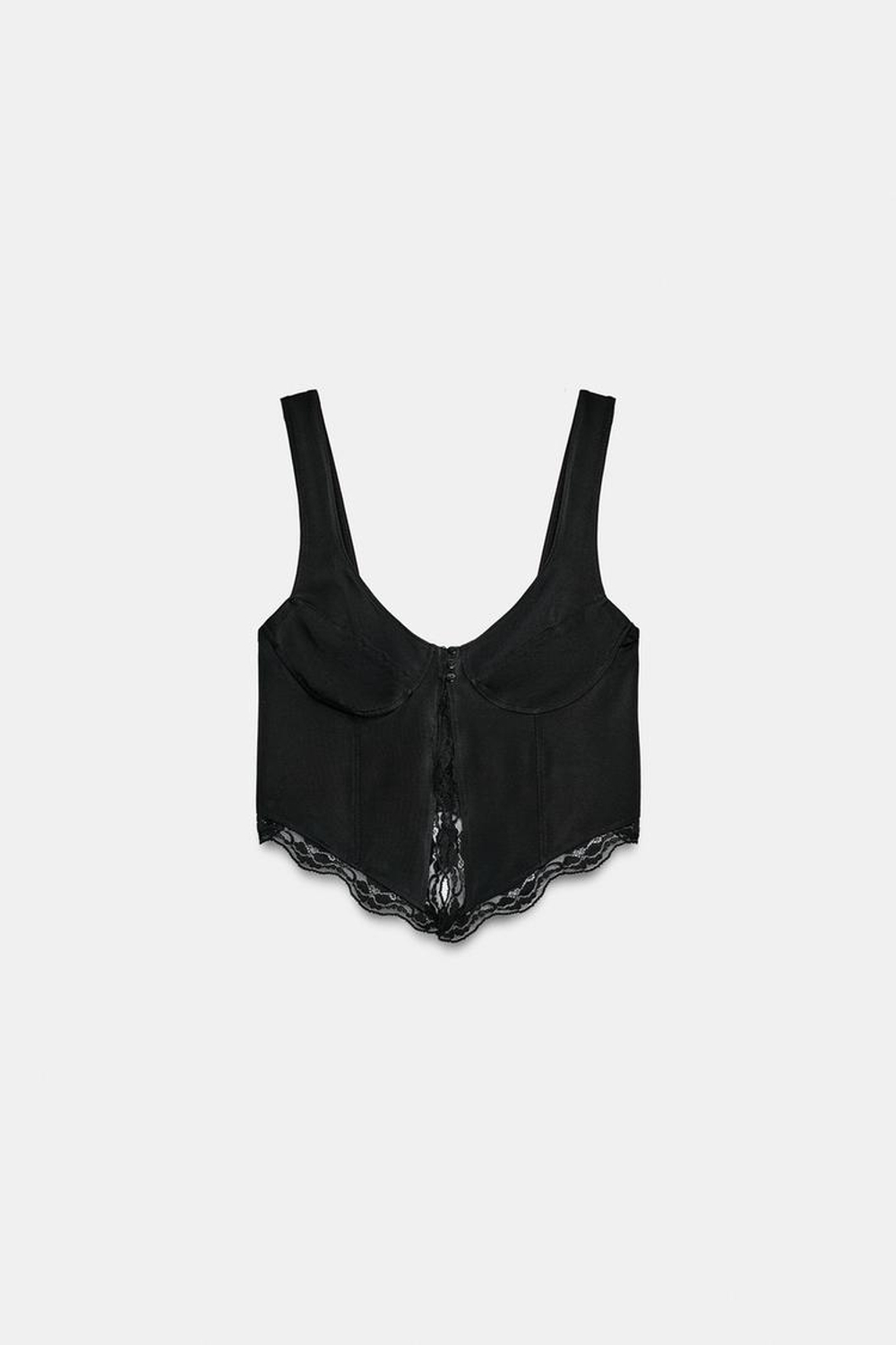 ZARA ТОП ИЗ ПОЛИАМИДА С КРУЖЕВОМ И ПУГОВИЦАМИ, ЧЕРНЫЙ
