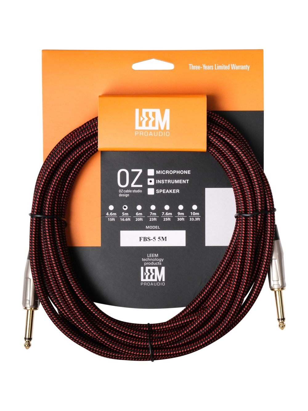 Leem FBS-5(BK/RD) Кабель инструментальный, черный/красный, 5м. Прочная тканевая оплетка. Позолоченные контакты.