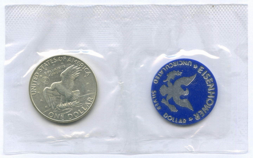 1 доллар 1971 год (S). США. Эйзенхауэр. Серебро, диаметр 38.1 мм. UNC с жетоном в родной запайке