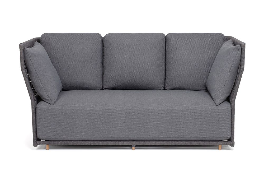 "Лугано" диван 3-местный плетеный из роупа, каркас алюминий темно-серый (RAL7024) муар, роуп темно-серый круглый, ткань темно-серая YB25-0027