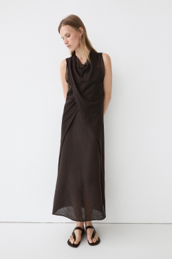 Massimo Dutti Платье льняное на запáхе, коричневый