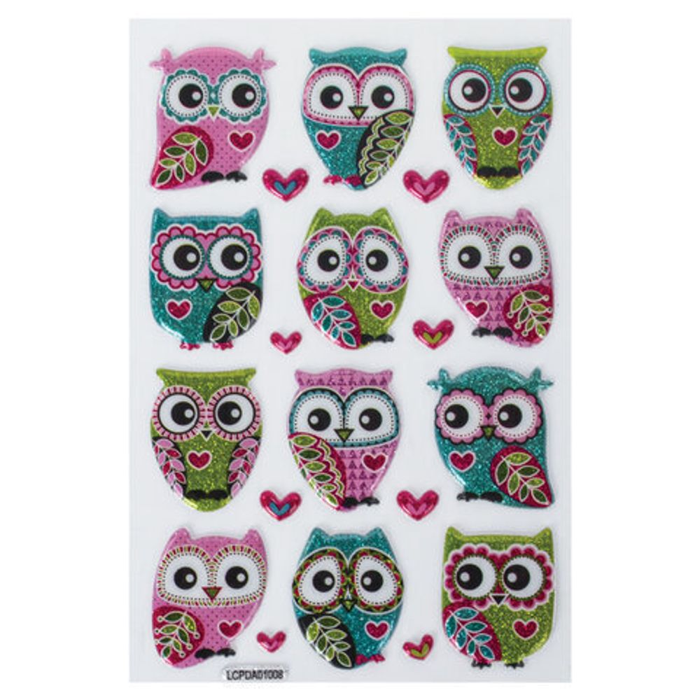 Наклейки зефирные "Совы", многоразовые, с блестками, 10х15 см, ЮНЛАНДИЯ, 661834