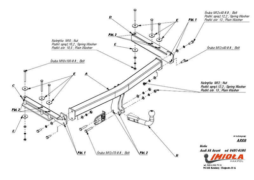 Фаркоп IMIOLA A.008 Audi A6 седан/универсал 1997-2005(паспорт и сертификат в комплекте)(без электрики)